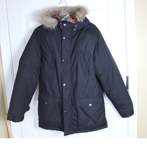 Old Navy Boys Expedition Parka Jacket Faux Fur Hooded Black XL (14-16) - Picture 1 of 5